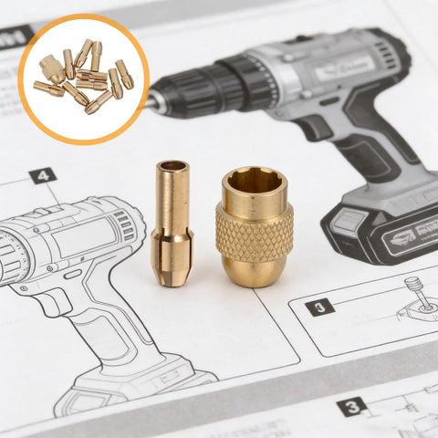 Get This 11-piece Mini Drill Chuck Collet Set With Copper Nut, showcasing gold collets on instruction manual background.