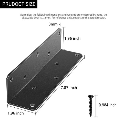 Heavy Duty 8 Inch L Brackets Black Corner Brace Metal Joint With Screws Rugged Hella Sturdy Rack Support dimensions shown.