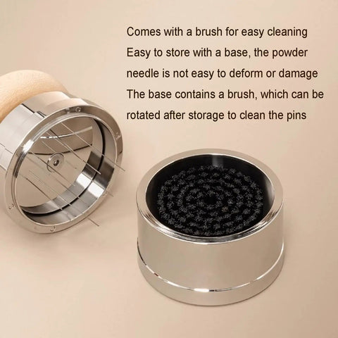 58 Mm Espresso Tamper Kit With Fine Wdt Needle Tool And Gravity Distributor, includes a cleaning brush and storage base