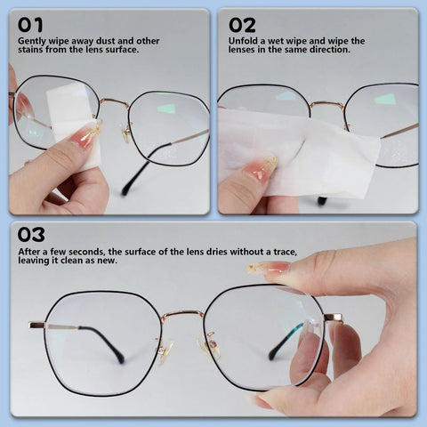 Giaceaw lens wipes for eyeglasses with gold frame; 3-step cleaning: dust wipe, unfold wet wipe, dry to clear lenses