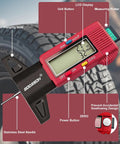 Red digital tire tread depth gauge with large LCD, stainless steel needle, three modes, and color coded scale for measurements.
