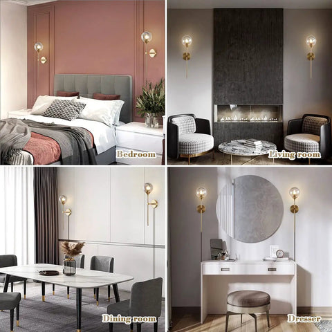Dope Mid Century Smoke Glass Plug In Wall Lights installed in bedroom, living room, dining room, and dresser settings.