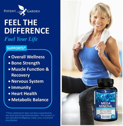 Mega Mineral Supplement Complete Mineral Complex With Calcium Magnesium Zinc Potassium Boron Selenium Chromium And 72 Trace Minerals Iron Free Calcium Supplement 100 Pills with image of product bottle next to smiling woman in exercise attire.