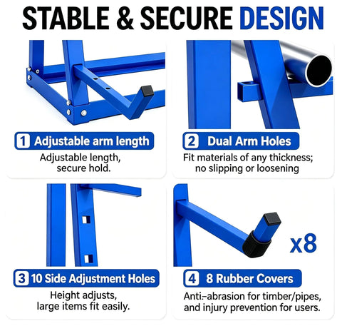 Beast Mode Cantilever Storage Rack Four Tier Steel Frame Supports Two Thousand Four Hundred Pounds with adjustable arms and rubber covers.