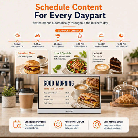23.8 Inch Countertop Digital Signage Display With Scheduled Power Cycling And Cloud Content Sync For Restaurant Menus And Retail Kiosks showing daily schedule and food items.