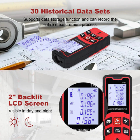 Laser Distance Meter With 196 Feet Range And Backlit LCD Precision To One Sixteenth Inch Pythagorean And Area Volume Calculations Switchable Meters Inches And Feet Units Bubble Level Auto Shut Off Built Tough, red handheld unit
