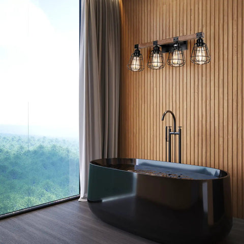 Rustic Wood And Matte Black Industrial Vanity Light Four Light Over Mirror Sconce in modern bathroom setting