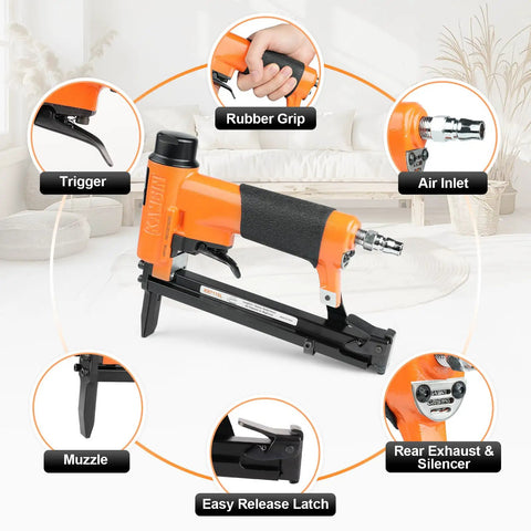 Pro-Grade 22 Gauge Pneumatic Upholstery Stapler with Long Nose Reach, showcasing features like rubber grip and easy release latch.