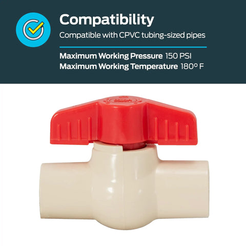 One Half Inch CPVC Slip Ball Valve White Heavy Duty Quick Release Water Shutoff Switch No Sweat Design For Cramped Corners and Smooth DIY Plumbing Tasks with red handle and compatibility details.