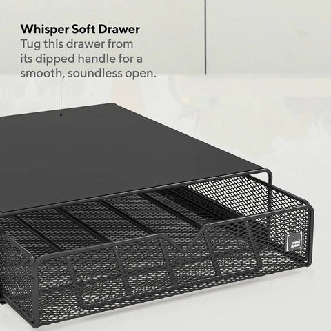 Countertop Coffee Pod Holder With Sliding Drawer For Keurig K Cups Holds 36 Pods Caddy Dispenser Coffee Bar Organizer Kitchen Drawer Solution Keeps Pods Grab And Go Ready Black with mesh drawer shown in detail