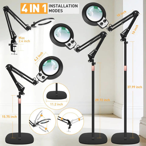 4-in-1 installation modes for 2 In 1 Floor Magnifying Glass With Light And Stand, Dual Knob Dimmable 12X And 30X Large Lighted Magnifier