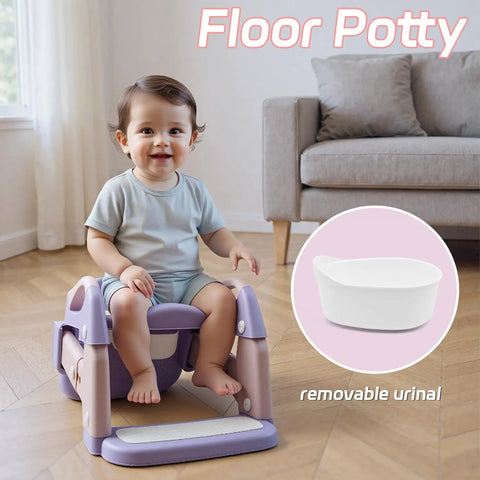 Game Changing 3-In-1 Toddler Potty Training Seat And Foldable Potty Chair With Step Stool, Adjustable Height For Little Champs, No Fuss Cleanup, Ultra Comfy Bathroom Helper Pink Purple with child on floor potty.