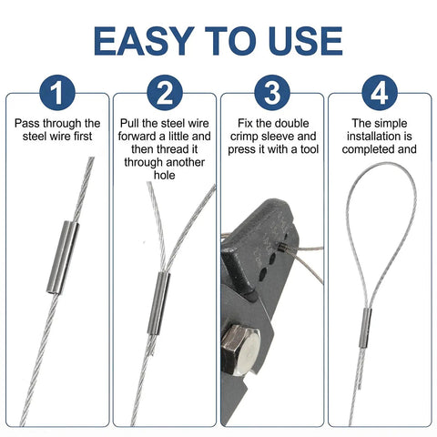 Pro Grade 100 Pcs Crimp Sleeves Double Barrel Aluminum Cable Ferrule Wire Rope Sleeves For Fishing Line Rigging Tackle Inner Diameter 0.8mm Fits 0.6mm Wire Burr Free Interior For Smooth Crimp And Strong Secure Connections. Step-by-step wire rope crimp sleeve installation with crimping tool