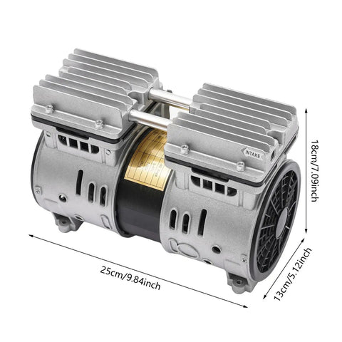 Industrial Oil Free Piston Vacuum Pump Air Compressor 370W Double Cylinder, highlighted motor design, dimensions 25cm x 18cm.