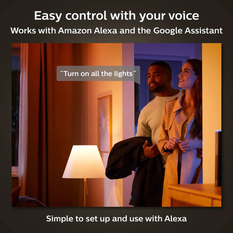 Couple uses White Ambiance 60W LED Smart Light Starter Kit With Hub And Smart Button Two Pack Featuring Four A19 Bulbs Per Kit