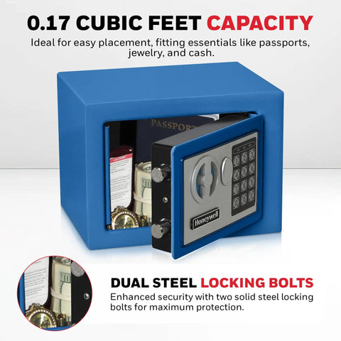 Bolt Down Small Safe Box With Digital Lock For Home and Office, blue, open door showing lock, 0.17 cubic feet capacity