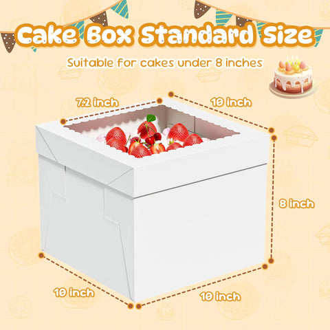 3 Pack Tall Cake Boxes With Clear Window 10x10x8 Inch Bakery Containers Including Thick Cardboard Boards Plus Decorative Stickers with strawberries.