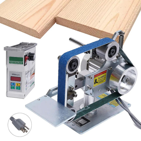 Rock Solid Desktop Belt Sander, 1x30 Inch Bench Polisher, 550W Motor for smooth metal wood finishing, with control panel and wooden boards.