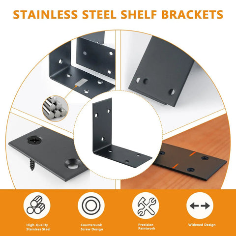 Heavy Duty Black Stainless Steel L Shelf Brackets Four Pack For Wood Furniture Cabinet Rack No Mess Install Knockout Support Wall Mount Hardware Display Stand, showcasing design and installation features.