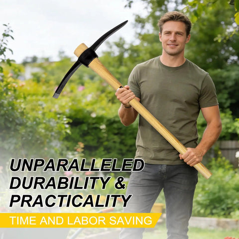 Man holding Beefy Heavy Duty Pickaxe With Wood Handle For Digging And Chiseling Forged High Carbon Steel Head 36 Inch Length