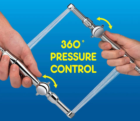 Hands adjusting pressure of Aquaus 360 All Brass Handheld Bidet Sprayer with dual thumb controls against blue background.