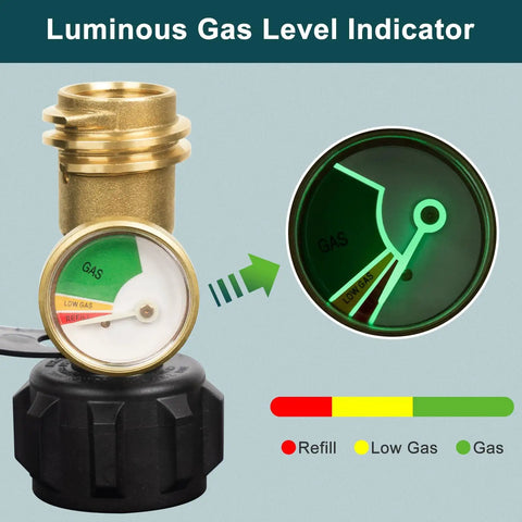 Propane Tank Gauge For 5-20 Lb Cylinders, QCC1 Type 1 Connector Compatible, Easy Gas Level Indicator for RVs, grills, brass build