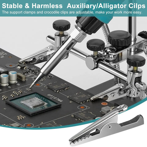Soldering Station With Magnifier Light 2.5X 7.5X 10X Desktop Hands Free Handy Magnifying Glass With Stand And Alligator Clip Third Hand Tool For Solder Repair Jewelry Making And Miniature Painting in use on circuit board with adjustable clamps.