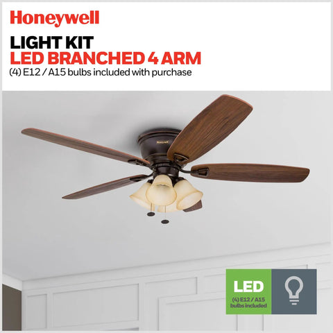 Glen Alden 52 Inch Indoor LED Ceiling Fan With Light Flush Mount Ceiling Fan With Pull Chain, wood finish blades, room view