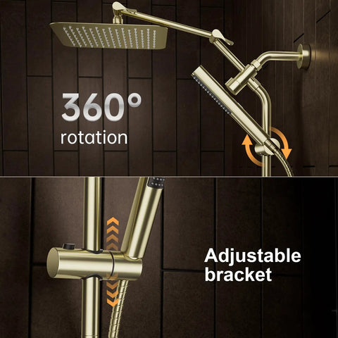 Top Grade 10 Inch Brushed Gold Rainfall Shower Head With Adjustable Handheld Sprayer features 360° rotation and adjustable bracket.