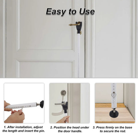Two Pack Adjustable Heavy Duty Door Security Bars Rock Solid Sliding Glass Door Barricade Jammer With Grippy Anti Slip Base Lockdown Ready Safety Stopper For Home Apartment Or Hotel Stay in use demonstration.