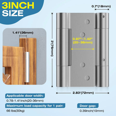 Ranbo 3-inch heavy-duty 304 stainless steel double-spring hinge, front view with adjustable tension, installed on wooden door