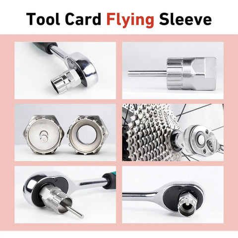 All In One Beefy Pro Grade Bike Freewheel Removal Tool Set With Chain Whip shown disassembled and in use on bike cassette close-up