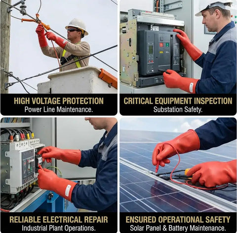 Heavy Duty Insulated Electrician Gloves Class 1 Astm Dielectric High Voltage Electrical Safety Gear being used in various electrical maintenance tasks.