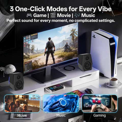Immersive Gaming Speakers With DSP And 36W Power 24bit USB DAC Bluetooth 5.2 2.0 RGB Desktop PC Speakers setup for gaming on desk.