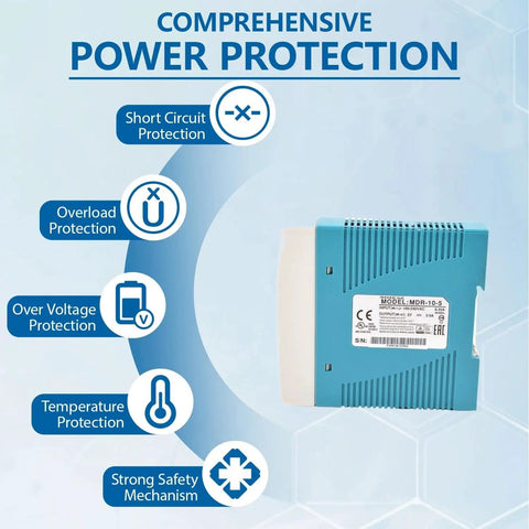 Workhorse Industrial 5V 2A DIN Rail Power Supply With 10W Output, fanless blue metal unit with protection icons