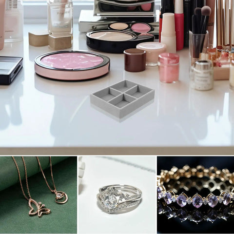 Velvet Jewelry Organizer Tray With Four Grid Compartments Stackable Minimalist Ring And Bracelet Tabletop on a dresser with jewelry