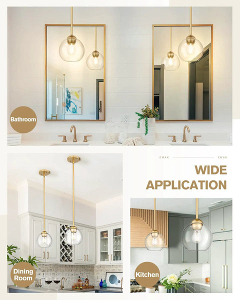 Gold Finish Industrial Pendant Light With Clear Glass Globe Shade in bathroom, dining room, and kitchen settings