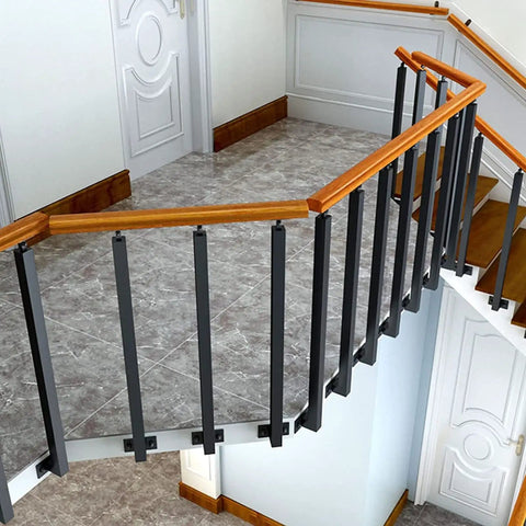 Solid Black Wrought Iron Railing Spindle Posts With Adjustable 270 Degree Side Mount Brackets For Deck And Stair Makeovers showcased in stairway.