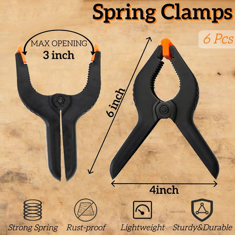 Heavy Duty Strap Band Clamp And Six Inch Quick Release Spring Bar Clamps Seven Piece Killer Combo For Woodwork Diy Frames and Jig Builds Built Solid, showing 6 inch spring clam with 3 inch max opening.