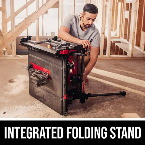 Solid 15 Amp 10 Inch Table Saw Featuring Kickass Precision Cuts And Rack And Pinion Fence Rails For Dead On Accuracy Plus Foldaway Legs for easy setup with integrated folding stand.