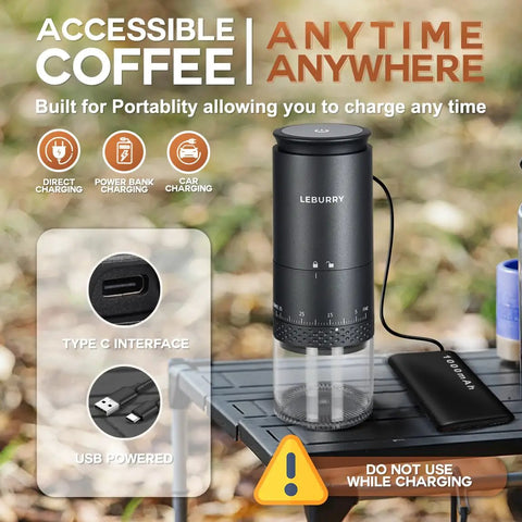 Portable Burr Coffee Grinder For Travel And Camping Cordless Electric Rechargeable Stainless Steel Conical Burr On The Go Espresso Grind 38 Adjustable Grind Settings shown charging outdoors with USB and type C interface.