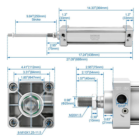 Industrial Pneumatic Air Cylinder 3.94 Inch Bore 9.84 Inch Stroke Double Acting With Single Rod M20X1.5 Threaded Rod PT Half Inch Port