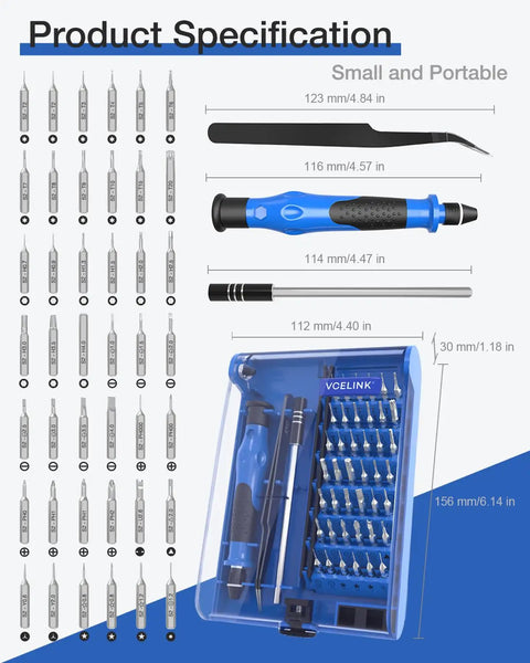 45-In-1 Mini Precision Screwdriver Set With Magnetic Bits, Tweezers And Extension Shaft product specifications diagram