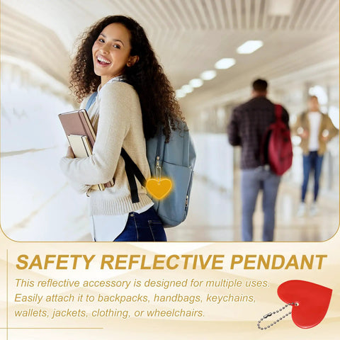 Student with Go-To Pink Heart Shaped Reflector Keychain Set, attached to backpack for visibility and safety.
