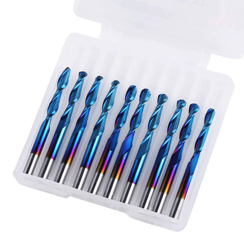 Nano Blue Coat Ball Nose End Mill Set For CNC Router Bits, 10 Pieces Spiral Upcut, One Eighth Inch Shank, Two Flute Mill, High Precision 3.175mm Shank, 17mm Cutting Edge, 38mm Overall Length, Ideal For 3D Relief Carving And Engraving