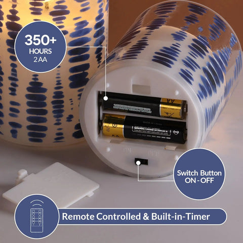 Blue Dots Flameless LED Candles In Glass Jars Set Of 3 with battery compartment and remote control feature visible