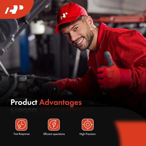 Engine coolant temperature sensor product image; mechanic in red uniform under car hood.