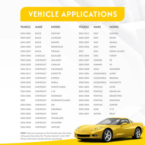 Vehicle applications list for GM Class II Radio Replacement Interface with Chime for Bose Monsoon and non-amplified GM systems 2000-2013