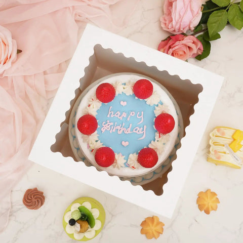 5 Pack 8 Inch Cake Boxes Built Tough With Heavy Duty Cardboard And Big Clear Window Bakery Containers For Grab And Go Treats Cake Carriers And Darn Good Dessert Packaging Gear, showcasing a birthday cake in a white box.