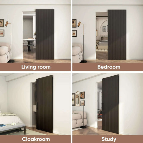 Concealed Sliding Barn Door With Soft Close Hardware Kit Black Hidden Door installed in various rooms for modern interiors